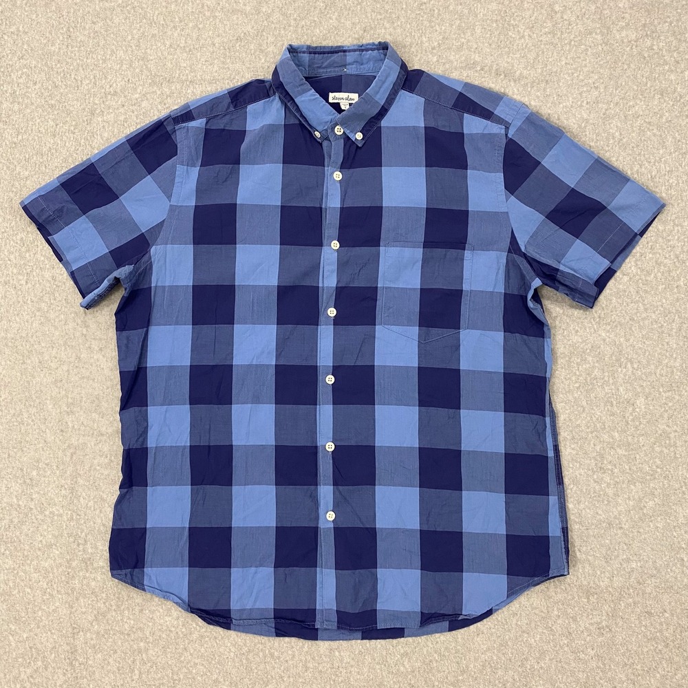 Steven Alan Shirt Mens L Blue Plaid Cotton Short Sleeve Button Down